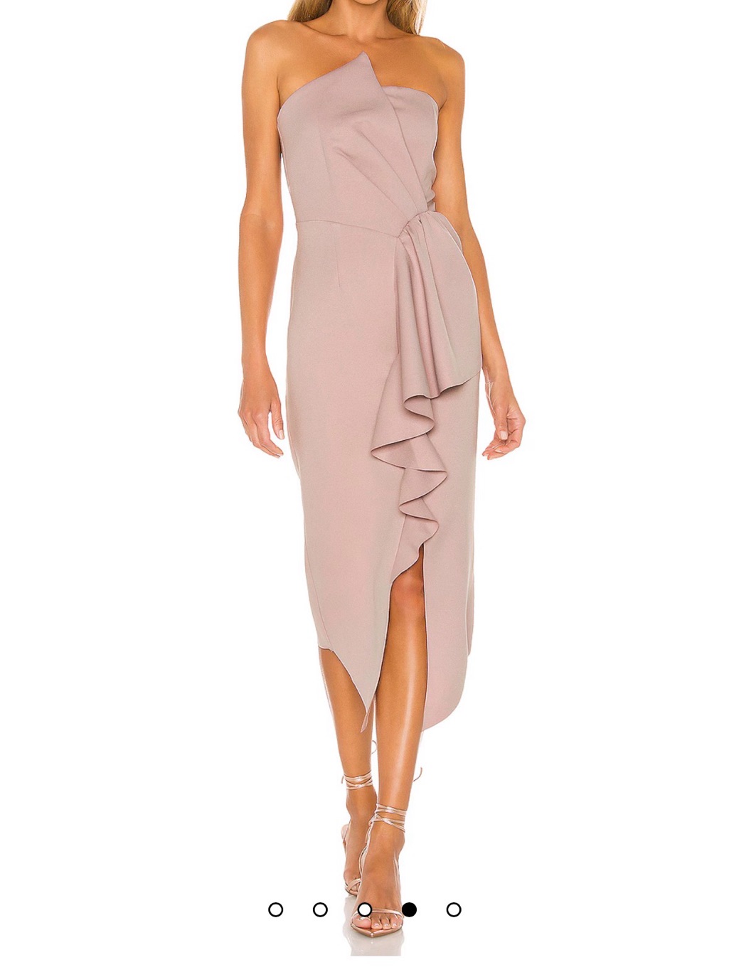 Elliatt Strapless Ruffle-Front Midi Dress In Dusty Rose